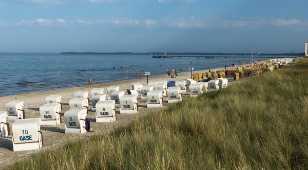 Bild vergrößern: Strandabschnitt in Scharbeutz mit Dnen im Vordergrund und dahinterstehenden Strandkrben in der Abendsonne