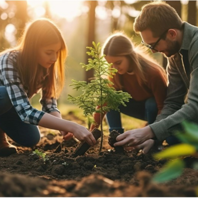 Familie im Wald beim Pflanzen einer kleinen Fichte / Tanne.